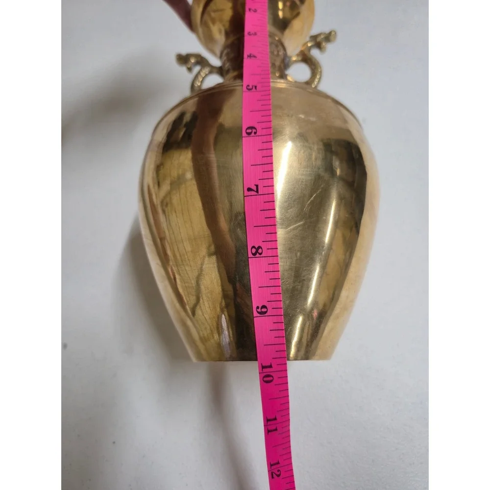 Vintage Brass Dragon Handle Etched Vase Chinoiserie Gold Decor 9.75in